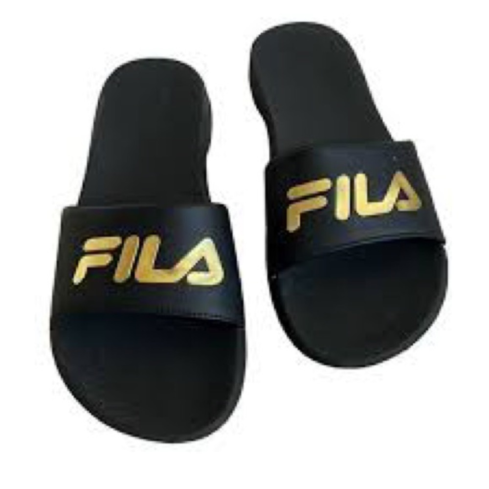 FILA Outdoor Slides Size 10 W slip on sandals gold and black